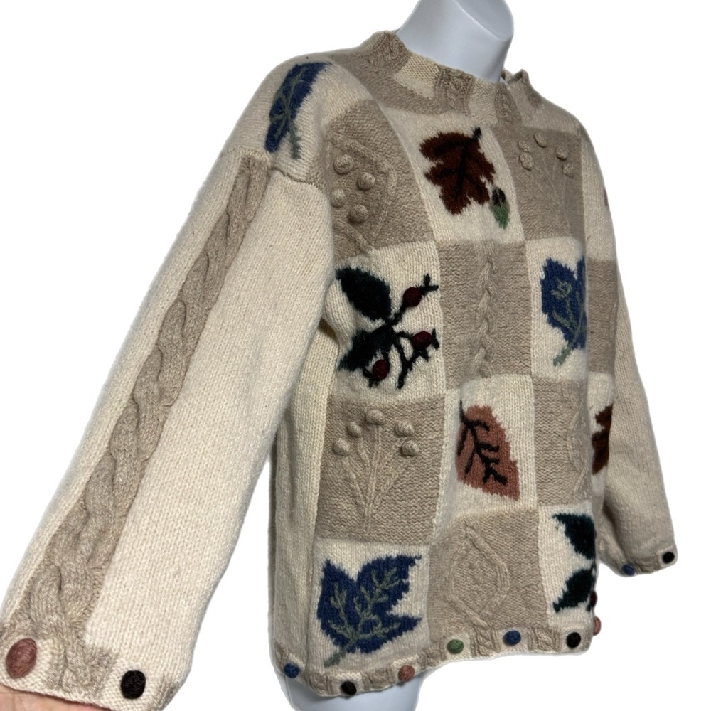 Vintage Prides Landing Cream Wool 3D Leaf Leaves Botanical Cable Knit Sweater L